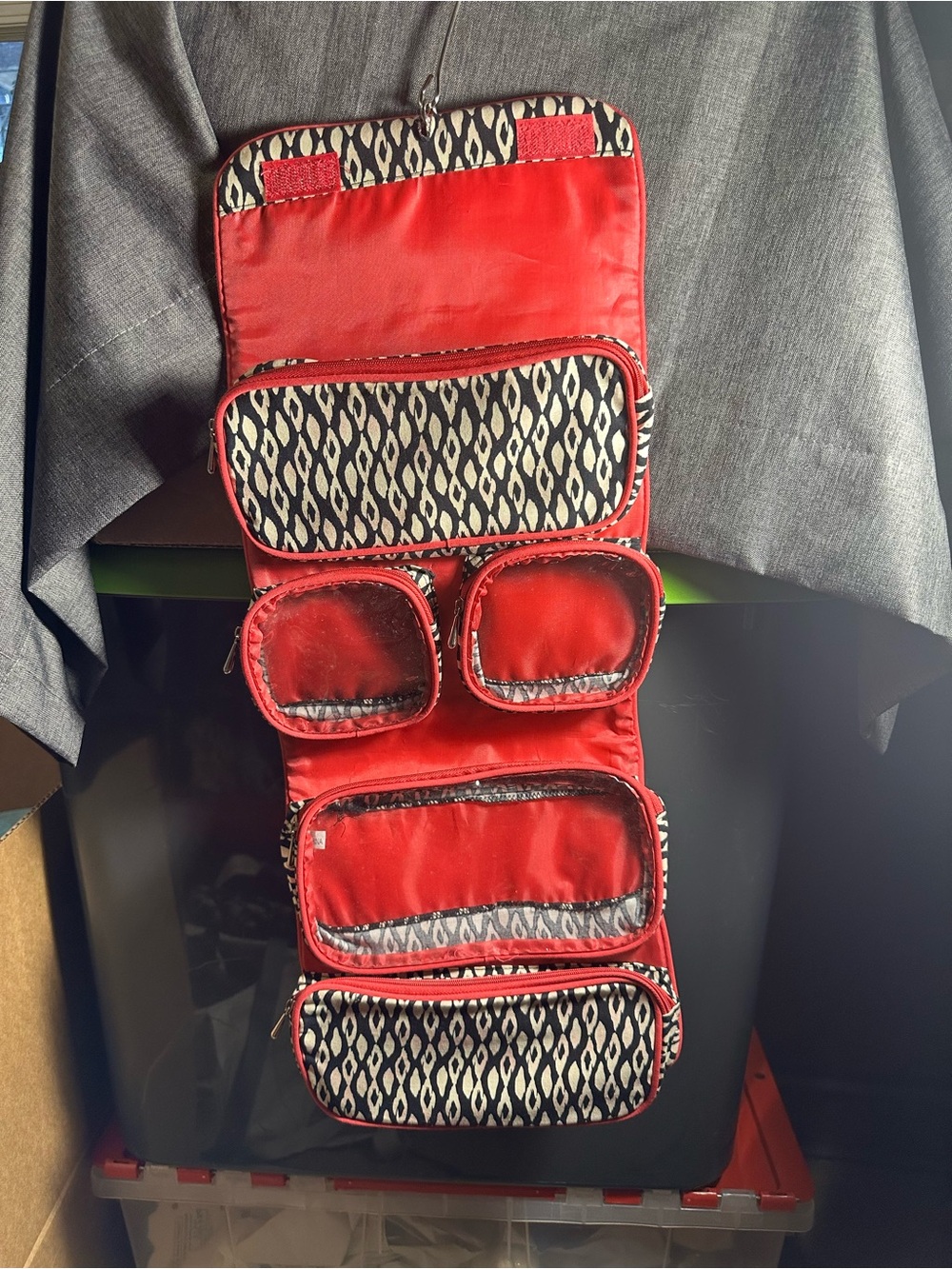 Hanging Travel Organizer Pouch in Pink with Black & Cream Pattern